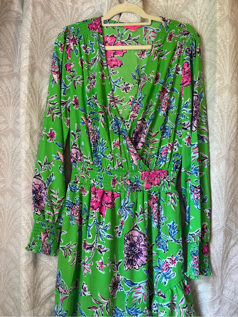Lilly Pulitzer Bright Green Floral Wrap-Style Long Sleeve Dress